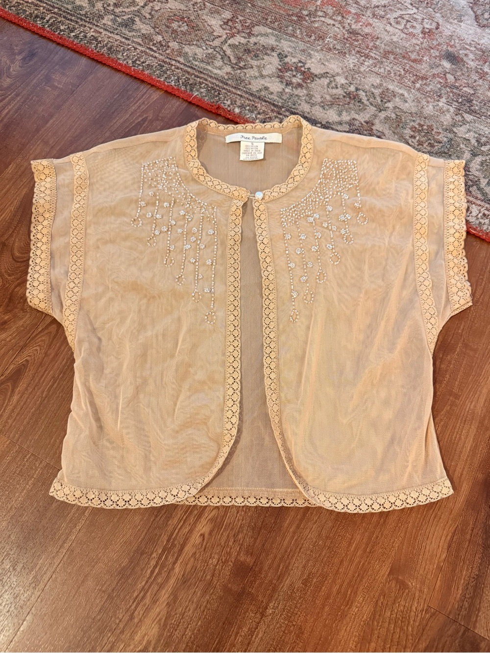 VINTAGE Free People Cream Sheer Lace-Trim Short Sleeve Cardigan